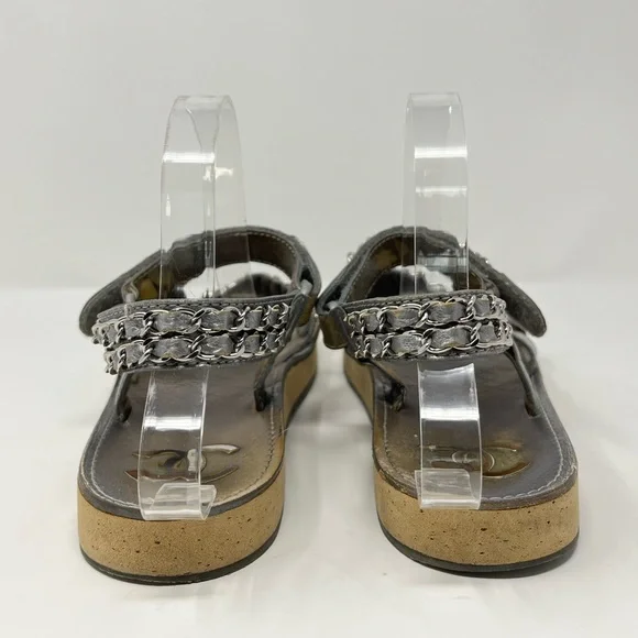 SOLD// Chanel Silver Metallic Chain Dad Sandals CC Logo Leather 40C 40 9 9.5 - Picture 8 of 14